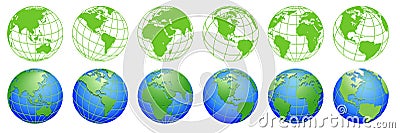 Planet Earth, world globe maps, set of ecology icons Vector Illustration