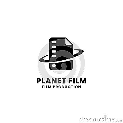 Planet film document logo design. Document film strip with saturn ring vector illustration for creative cinema movie studio Vector Illustration