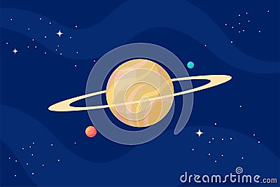 Planet globe with ring in outer space. Alien world with cosmic sphere and stars in cosmos. Astronomical celestial object in black Vector Illustration