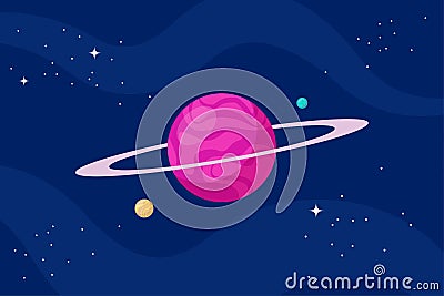 Planet globe with ring in outer space. Alien world with cosmic sphere and stars in cosmos. Astronomical celestial object in black Vector Illustration