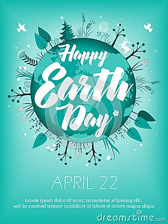 Planet in green leaves wreath. April 22 banner. Happy Earth Day card design. Vector illustration Vector Illustration