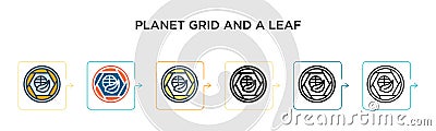 Planet grid and a leaf vector icon in 6 different modern styles. Black, two colored planet grid and a leaf icons designed in Vector Illustration