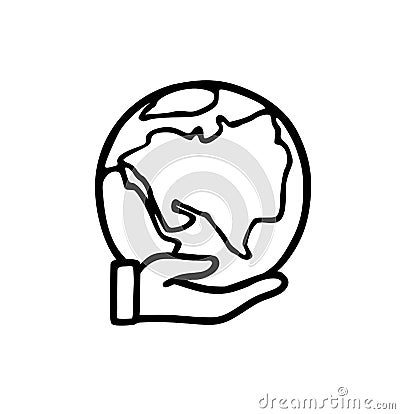 Planet in hand.Vector hand-drawn line icon of the Earth in hand. Cartoon Illustration