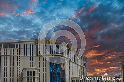 Planet Hollywood Hotel in the city skyline with video billboards, powerful clouds at sunset at the Bellagio Hotel in Las Vegas Editorial Stock Photo