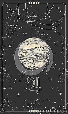 Planet Jupiter, linear hand drawing on a black space card with stars. Symbol for astrology, signs of the zodiac Vector Illustration