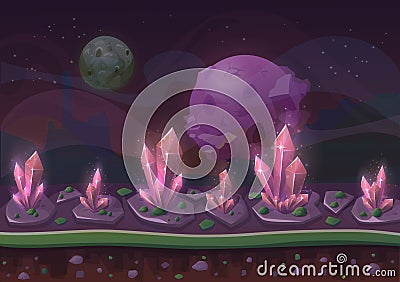 Planet landscape or cartoon scenery terrain with crystals or grains and stars or planets in sky Vector Illustration