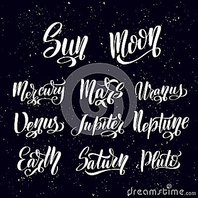 Planet lettering set. Planets names - mercury, venus, earth, Vector Illustration