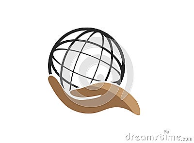 Planet lines map with hand world envirenment care for logo design vector, protect the globe icon, save earth symbol Stock Photo