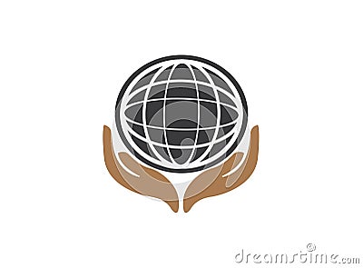 Planet lines map with hands world envirenment care for logo design vector, protect the globe icon, save earth symbol Stock Photo