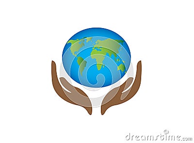 Planet map with hands world envirenment care for logo design vector, protect the globe icon, save earth symbol Stock Photo