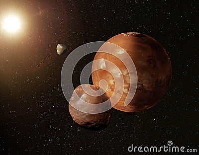 Planet Mars with its moons Phobos and Deimos Stock Photo