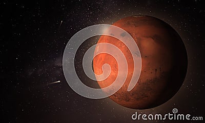 Planet Mars on Outer Dark Space. Mars 3d Red Planet in Dark universe Stock Photo