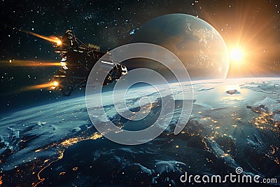 A planet and the moon with their backlighting in space. a spacecraft is flying towards earth, creating an atmosphere of explo Cartoon Illustration