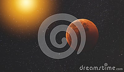 Planet in open space against the backdrop of an endless array of stars and galaxies of our universe lighting up the glare of the s Stock Photo