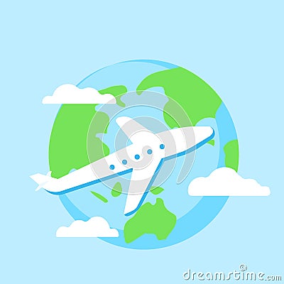 Planet plane and clouds. Air travel design concept, airplane travel Vector Illustration