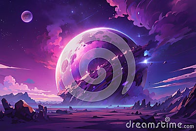 a planet with a purple sky and star Orb of Eternity A Spectacular Purple Planet Amidst the Cosmos Stock Photo