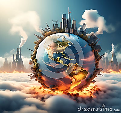 Planet's Plight: 3D Render of a World Surrounded by Pollution, Illustrating Environmental Concerns Stock Photo