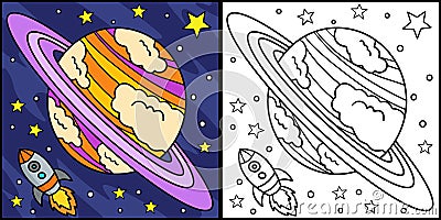 Planet Saturn Coloring Page Colored Illustration Vector Illustration