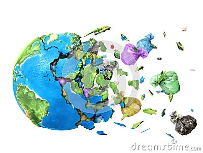 The planet shatters into shards and the garbage falls out of it Stock Photo