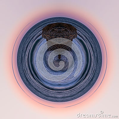 Planet of soft pink sea sunsets and a lonely cliff. Polar coordinates, a circular image of smooth waves hitting rocks Stock Photo