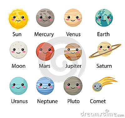 Planet solar system icons flat style. Planets collection with sun, mercury, mars, earth, uranium, neptune, mars, pluto Vector Illustration