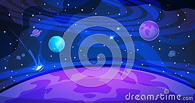 Planet space background. Sky galaxy universe flat abstract night landscape science modern poster. Cosmos banner Vector Illustration