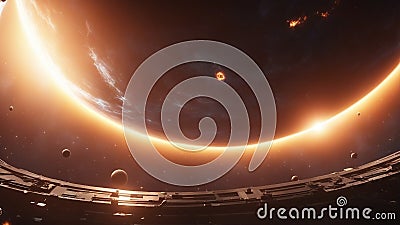 planet in space near exploding sun, exploding sun, inside of an alien space station observing planet earth Stock Photo