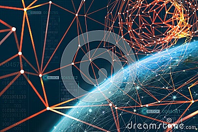 The planet is surrounded by a global information network. Blockchain technology protects data. Era of artificial intelligence Stock Photo