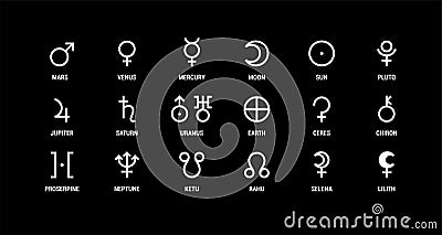 Planet symbol. Vector white sign on black. Mars, venus, mercury and moon. Sun, pluto, jupiter and saturn. Uranus, earth Vector Illustration