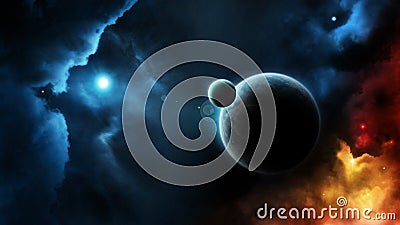 Planet system blue star in deep space Stock Photo