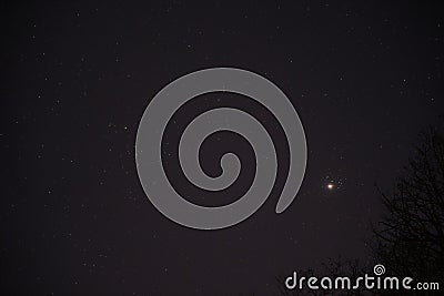 The planet Venus in the starry night sky in conjunction with the Pleiades Constellation Stock Photo