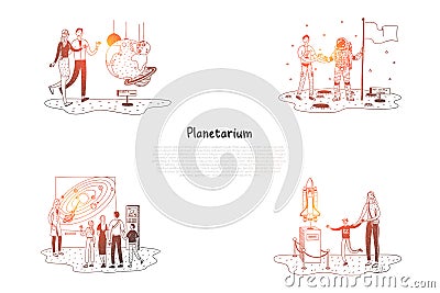 Planetarium - people in planetarium looking at exhibitions and presentations vector concept set Vector Illustration