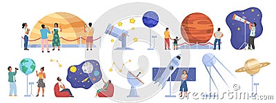 Planetarium, space museum scenes. People looking at sky, planets, stars, celestial bodies, listening to guide, vector. Vector Illustration