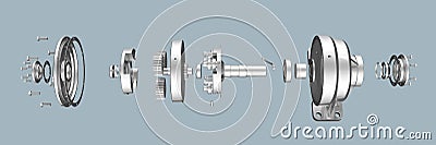 Planetary gearbox in disassembled form, bearings, shafts and gears. 3D illustration of details on a white background. Cartoon Illustration