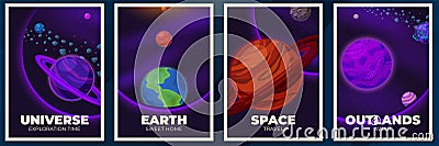 Planets banners. Space poster, magazine cover with galaxy or universe. Future exploring, cartoon planet and asteroid Vector Illustration