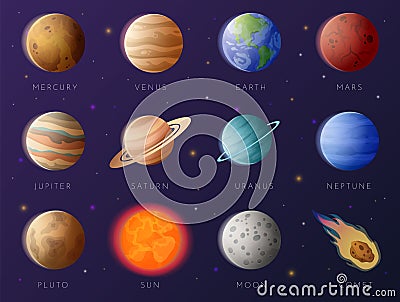 Planets collection. Solar system elements. Galaxy exploration. Astronomy research. Earth with Moon. Mercury Venus and Vector Illustration