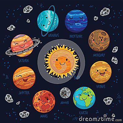 Planets colorful vector set on dark background. Vector Illustration