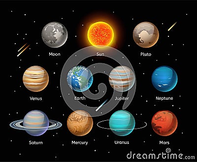 Planets colorful vector set on dark background Vector Illustration