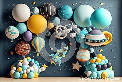 planets cosmos theme backdrop with colorfull ballons, smash cake, custom-made anniversary fantasy Stock Photo