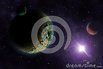 Planets in deep dark space. Cartoon Illustration