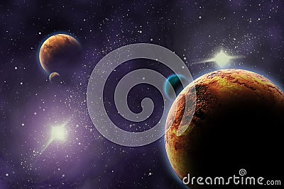 Planets in deep dark space. Cartoon Illustration