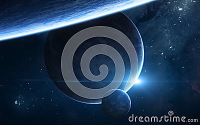 Planets in deep space. Blue star eclipse. Science fiction Stock Photo