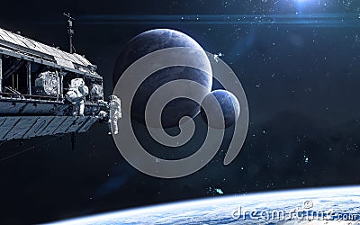 Planets in deep space. Space station, astronauts. Science fiction Stock Photo