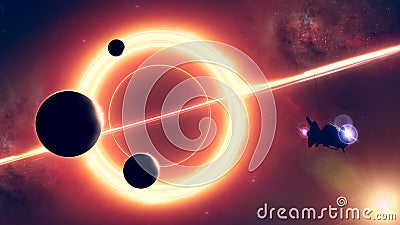 Planets and exoplanets of unexplored galaxiesand a black hole. Sci-Fi. New worlds to discover. Probe Stock Photo