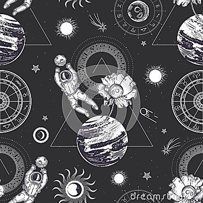 Planets, flower and astronaut. Space illustration. Seamless surreal pattern. Vector Illustration