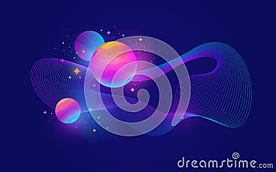 Planets with glow effect, stars and abstract waveform Vector Illustration