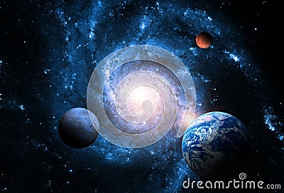 Planets of the solar system against the background of a spiral galaxy in space. Stock Photo