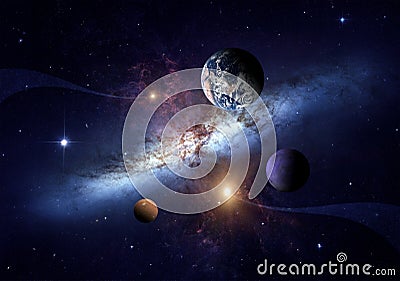 Planets of the solar system against the background of a spiral galaxy in space. Stock Photo