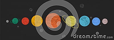 Planets of Solar system arranged in horizontal row against black background. Celestial bodies in outer space. Natural Vector Illustration