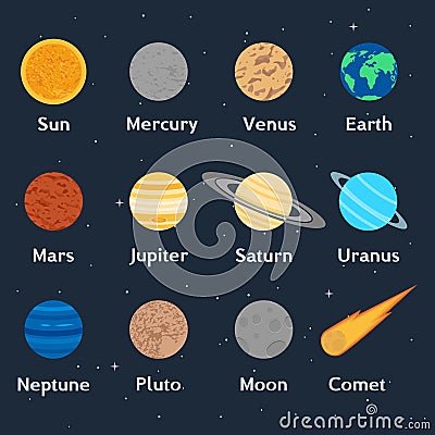 The planets of the solar system, the comet and the moon Vector Illustration